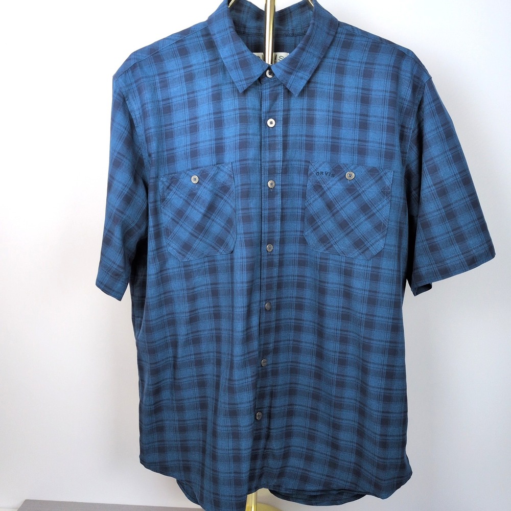 Orvis Men L Short Sleeve Button Down Shirt Blue Plaid Ventilated Hiking Utility